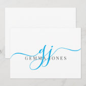 Carte De Correspondance Élégant Script Monogramme Bleu Nom Initiales (Devant / Derrière)