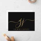 Carte De Correspondance Élégant Script Monogramme Initiales Nom Black Gold (Devant/Arrière en situation)