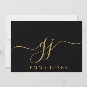 Carte De Correspondance Élégant Script Monogramme Initiales Nom Black Gold