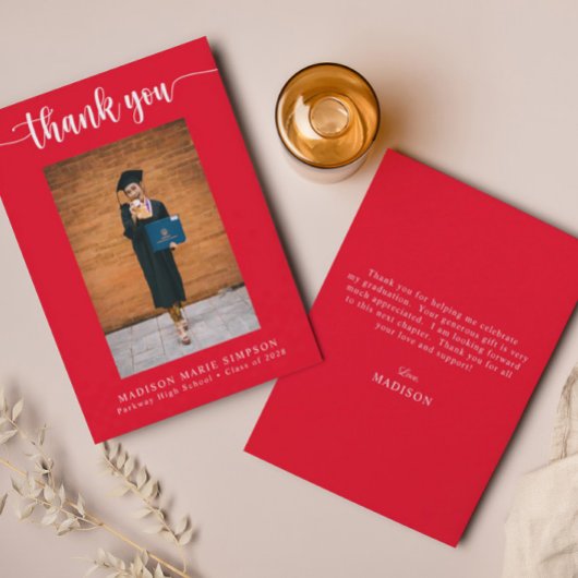Carte De Correspondance Élégant Script Red Graduation Merci photo