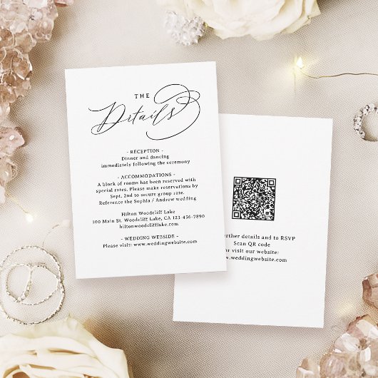 Carte De Correspondance Elegant Swirl Script QR Code Wedding Details