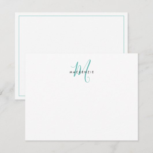 Carte De Correspondance Élégant Turquoise de script blanc moderne Monogram (Devant / Derrière)