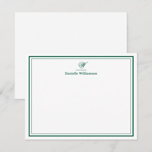 Carte De Correspondance Élégant Vert Chasseur Monogramme Double Bordure Bl (Devant / Derrière)