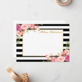 Carte De Correspondance Elégante aquarelle rose floral rayé (Devant/Arrière en situation)