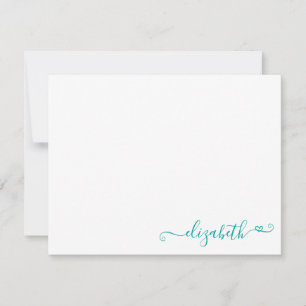 Carte De Correspondance Élégante Feminine Turquoise Coeur Vert Script