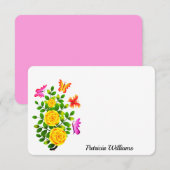 Carte De Correspondance Élégante Fleur De Rose Jaune Avec Papillon (Devant / Derrière)