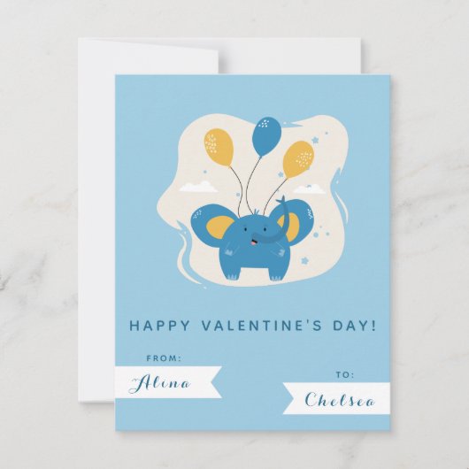 Carte De Correspondance Eléphant Bleu Cute & Ballons Jour des Valentines p (Devant)