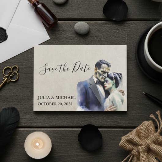 Carte De Correspondance Enregistrer la date Halloween Frankenstein Mariée