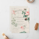 Carte De Correspondance Ephemera Rose Redoute français antique (Devant/Arrière en situation)