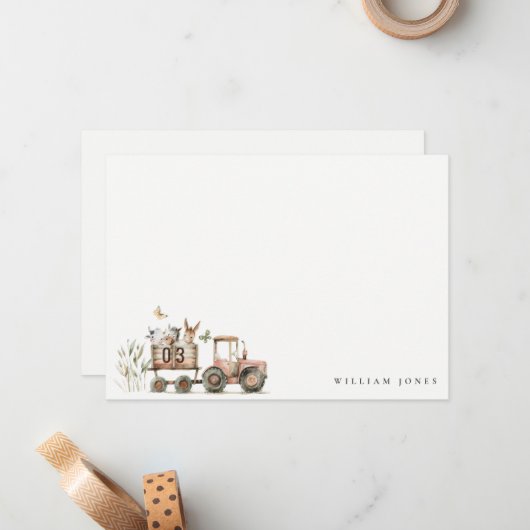 Carte De Correspondance Ferme d'animaux tracteur enfants anniversaire Roug (Devant/Arrière en situation)