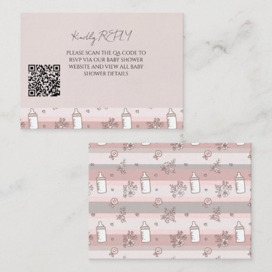 Carte De Correspondance Fête bébé : Code QR à rayures rose poussiéreux (Devant / Derrière)