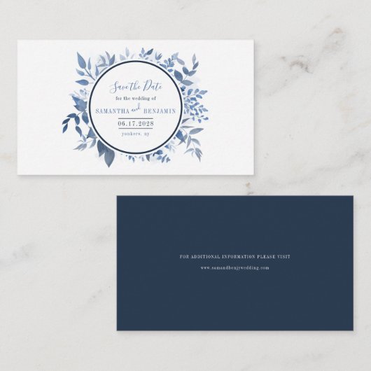 Carte De Correspondance Feuilles Botaniques Écriture Bleu Marine Enregistr (Devant / Derrière)