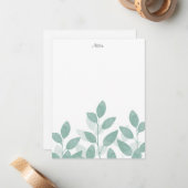 Carte De Correspondance Feuilles d'aquarelle verte Celadon (Devant/Arrière en situation)