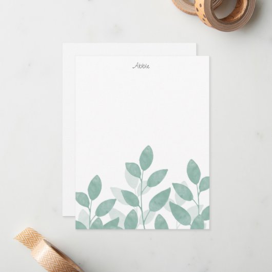 Carte De Correspondance Feuilles d'aquarelle verte Celadon (Devant/Arrière en situation)