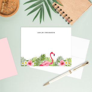 Carte De Correspondance Feuilles de palmier tropical Flamant rose Nom pers