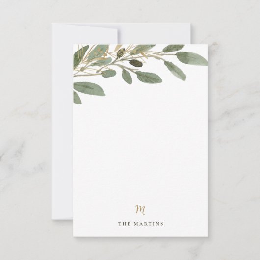 Carte De Correspondance Feuilles Faux Gold et Olive | Monogramme Mariage (Devant)