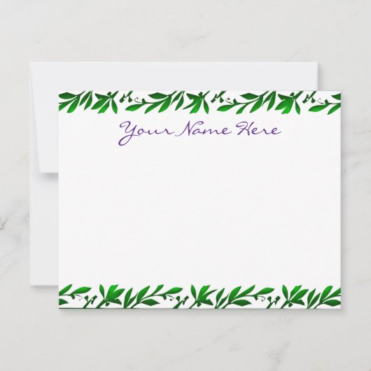 Carte De Correspondance Feuilles vert olive modifiable violet Script (Devant)