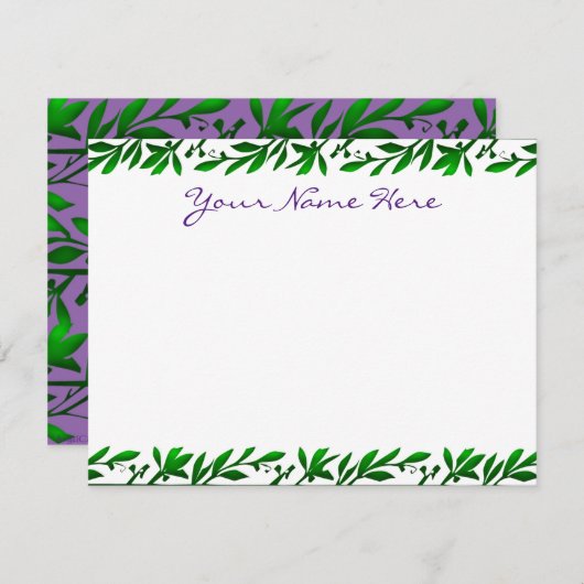 Carte De Correspondance Feuilles vert olive modifiable violet Script (Devant / Derrière)