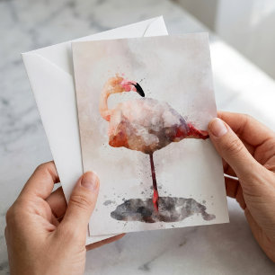 Carte De Correspondance Flamant rose debout en impression d'art à l'aquare