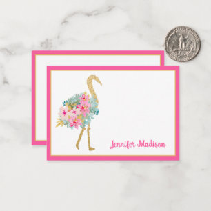 Carte De Correspondance Flamants roses tropicaux rose et or avec fleurs