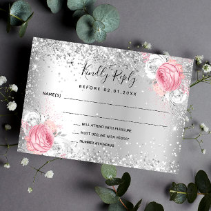 Carte De Correspondance Fleurs blanches rose argent parties scintillant ma