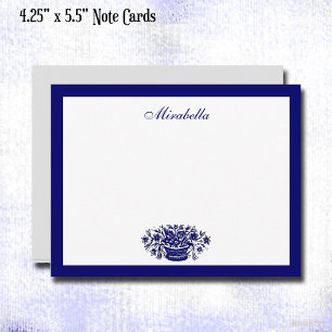 Carte De Correspondance Fleurs bleues et blanches personnalisées avec bord