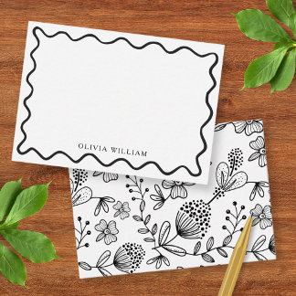 Carte De Correspondance Fleurs Noir Et Blanc Bordure Ondulée Personnalisée