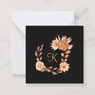 Carte De Correspondance Fleurs noir marron et pêche avec monogramme 