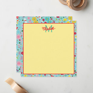 Carte De Correspondance Fleurs printanières sur monogramme bleu aqua