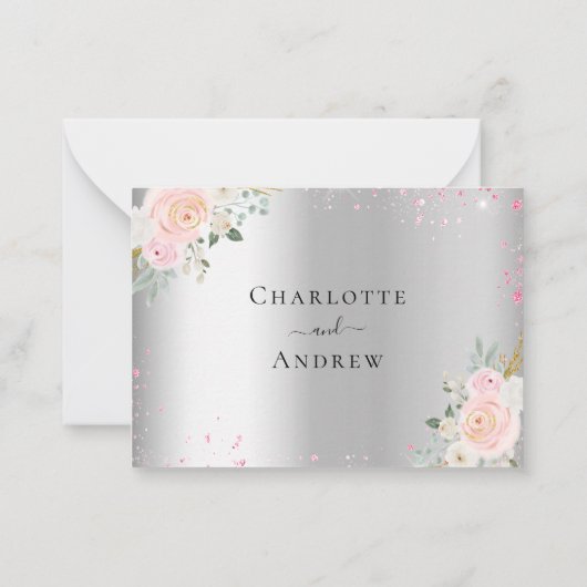 Carte De Correspondance Fleurs roses argentées Réponse mariage RSVP (Dos)