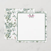 Carte De Correspondance Fleurs roses et Feuilles verts sur Monogramme blan (Devant / Derrière)