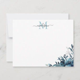 Carte De Correspondance Floral Marine bleu Aquarelle Rose Peony Monogramme