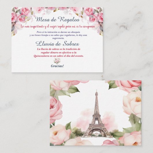 Carte De Correspondance Floral rose Paris Lluvia de Sobres Quinceañera (Devant / Derrière)