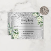 Carte De Correspondance Flores blanches en argent mariage eucalyptus RSVP (Devant/Arrière en situation)