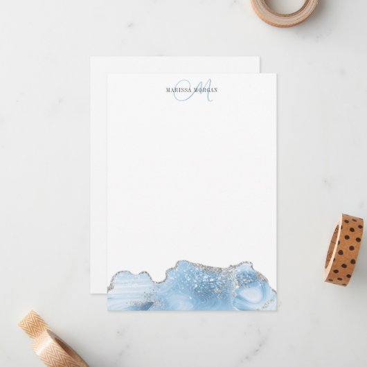 Carte De Correspondance Géode Agate Bleu Monogramme Argent (Devant/Arrière en situation)