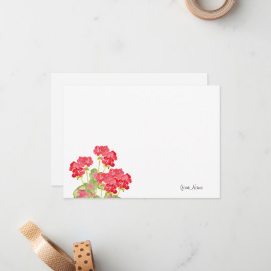 Carte De Correspondance Geraniums d'aquarelles rouges 2 (Devant/Arrière en situation)