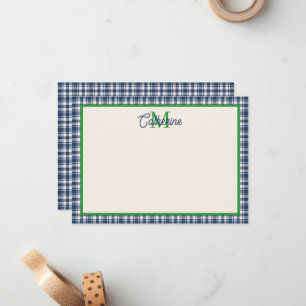 Carte De Correspondance Gingham à carreaux tartan bleu et vert Monogramme