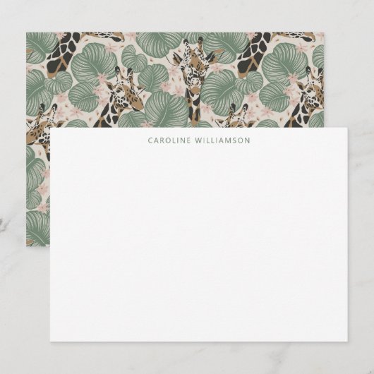 Carte De Correspondance Giraffe Tropical Leaf Personalized Stationery  (Devant / Derrière)