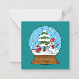 Carte De Correspondance Globe de neige avec le cardinal Snowman et Pine Tr