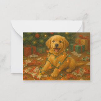 Carte De Correspondance Golden Retriever Puppy in Christmas Lights Card