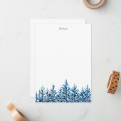 Carte De Correspondance Hiver Aquarelle Bleue Pins Arbres (Devant/Arrière en situation)