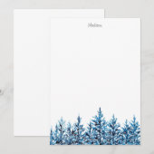 Carte De Correspondance Hiver Aquarelle Bleue Pins Arbres (Devant / Derrière)