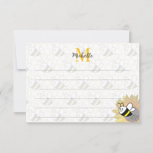 Carte De Correspondance Honeybee Sunflower Drawing Custom Lined Monogram (Devant)