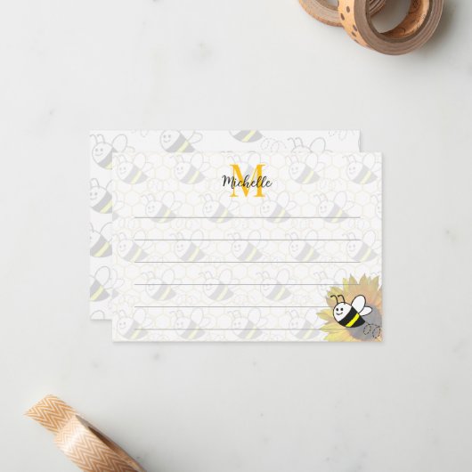 Carte De Correspondance Honeybee Sunflower Drawing Custom Lined Monogram (Devant/Arrière en situation)
