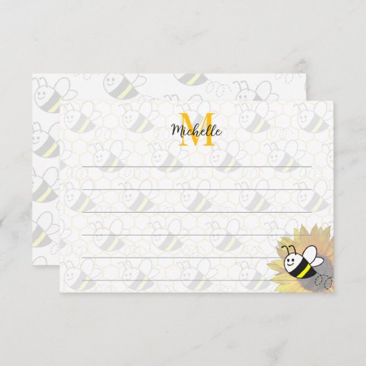 Carte De Correspondance Honeybee Sunflower Drawing Custom Lined Monogram (Devant / Derrière)