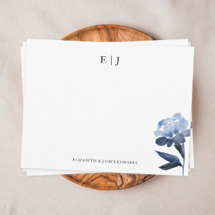Carte De Correspondance Initiales de couple à monogramme floral bleu perso