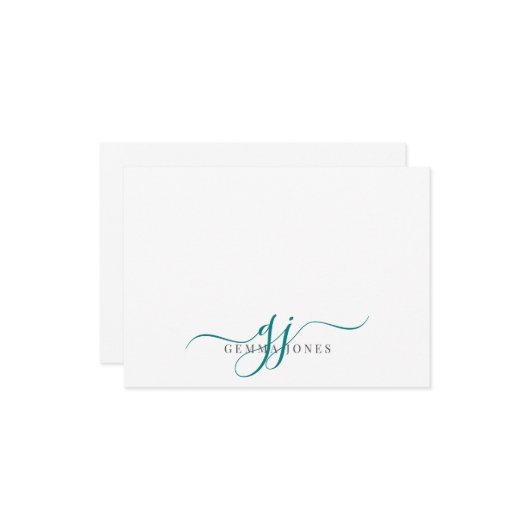 Carte De Correspondance Initiales de script Turquoise Monogramme Chic (Devant/Arrière en situation)
