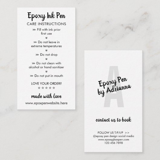 Carte De Correspondance Instructions de soins pour stylo époxy (Devant / Derrière)