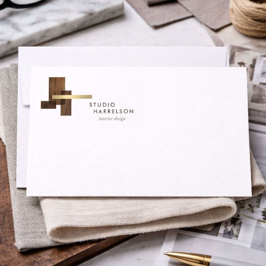 Carte De Correspondance Interior Designer Wood Gold Logo Flat Notecard