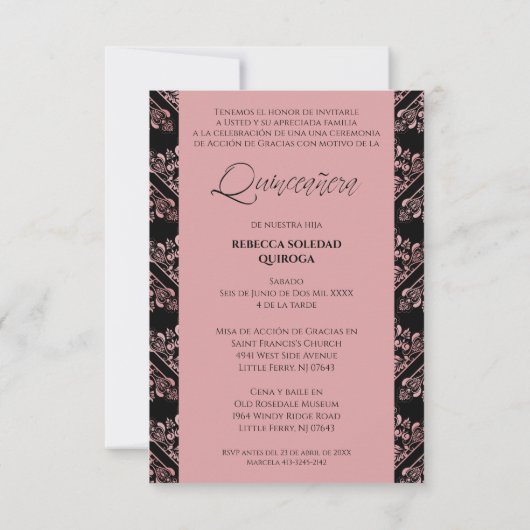 Carte De Correspondance Invitación Quinceañera Foto Damasco Rosa Español (Dos)